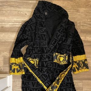 Versace Black and Gold Velvet Robe with Baroque Trim